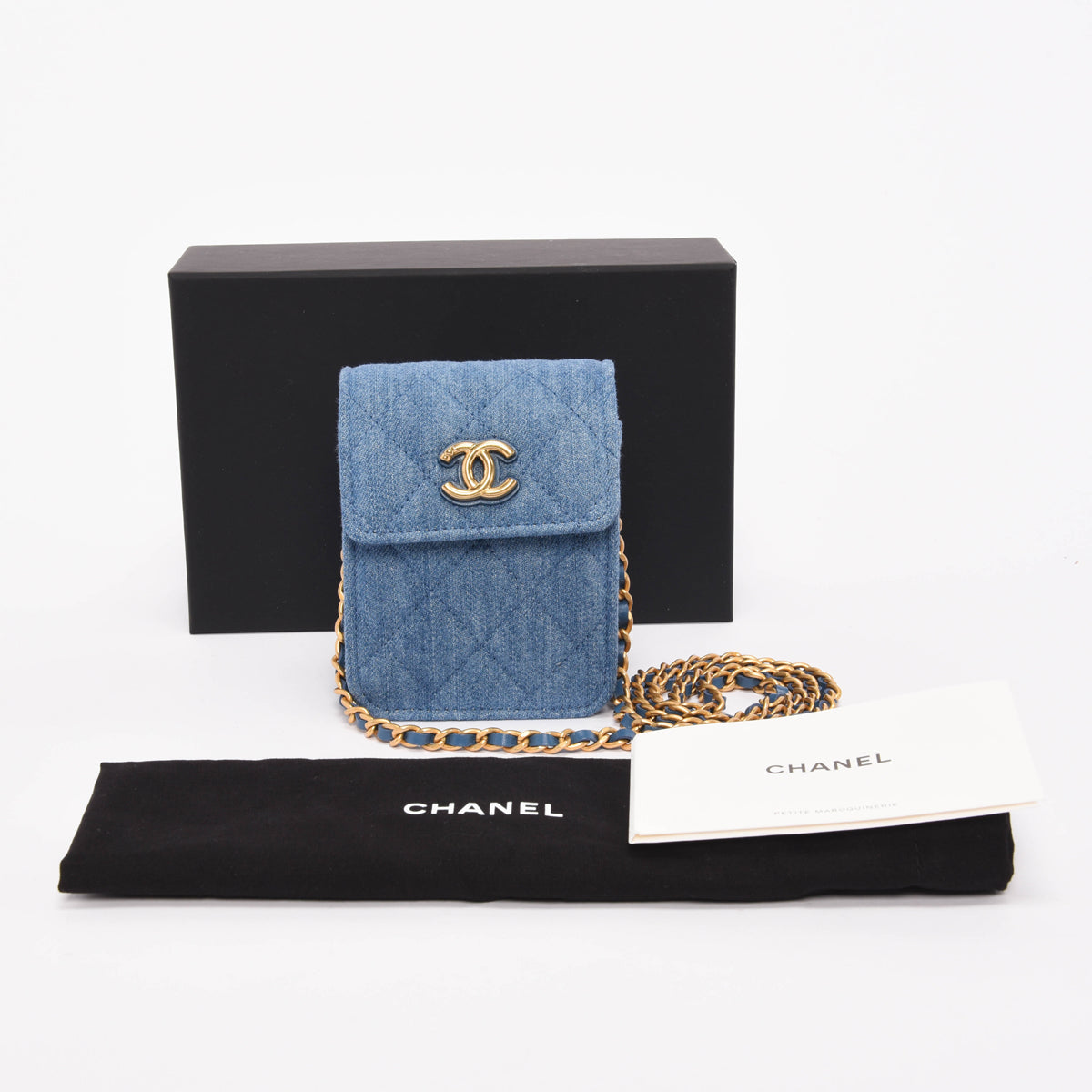 Chanel Blue Quilted Denim Clutch With Chain