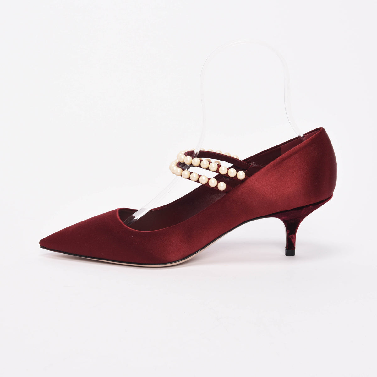 Miu Miu Burgundy Satin Pearl Strap Pumps 41
