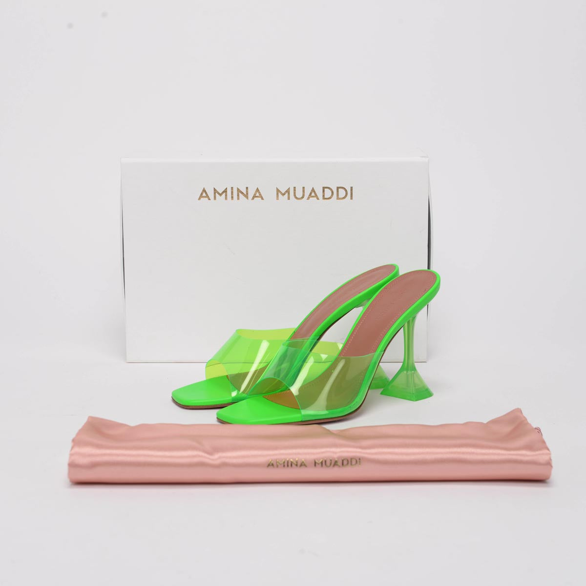 Amina Muaddi Fluro Green PVC Lupita Glass Sandals