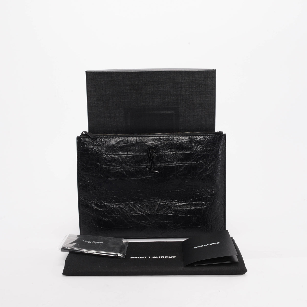 Saint Laurent Black Croc Embossed Cassandre Tablet Pouch