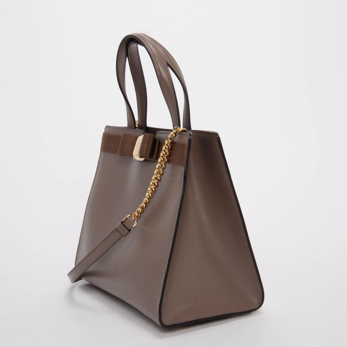 Ferragamo Taupe Calfskin Vara Bow Tote