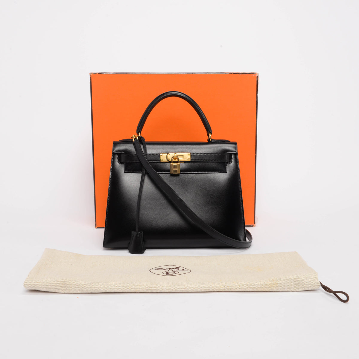 Hermes Vintage Black Box Calf Kelly 28 Shoulder Bag