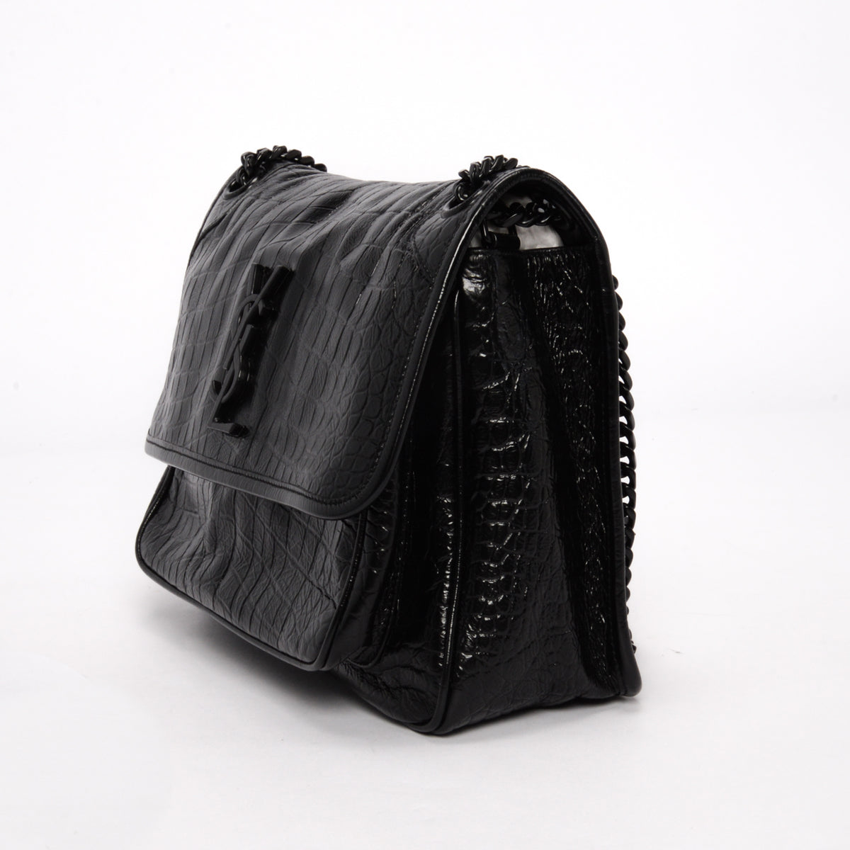 Saint Laurent Black Croc Embossed Medium Niki Bag