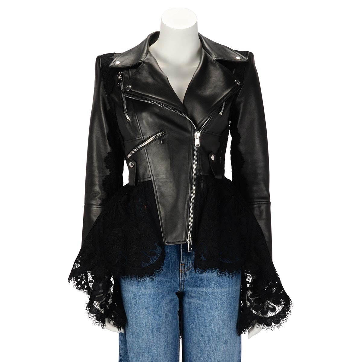 Alexander McQueen Black Leather & Lace Moto Jacket IT 40