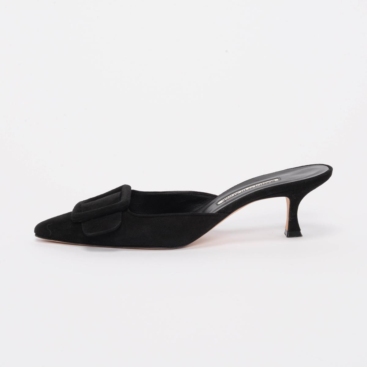 Manolo Blahnik Black Suede Maysale Buckle Mules 39.5