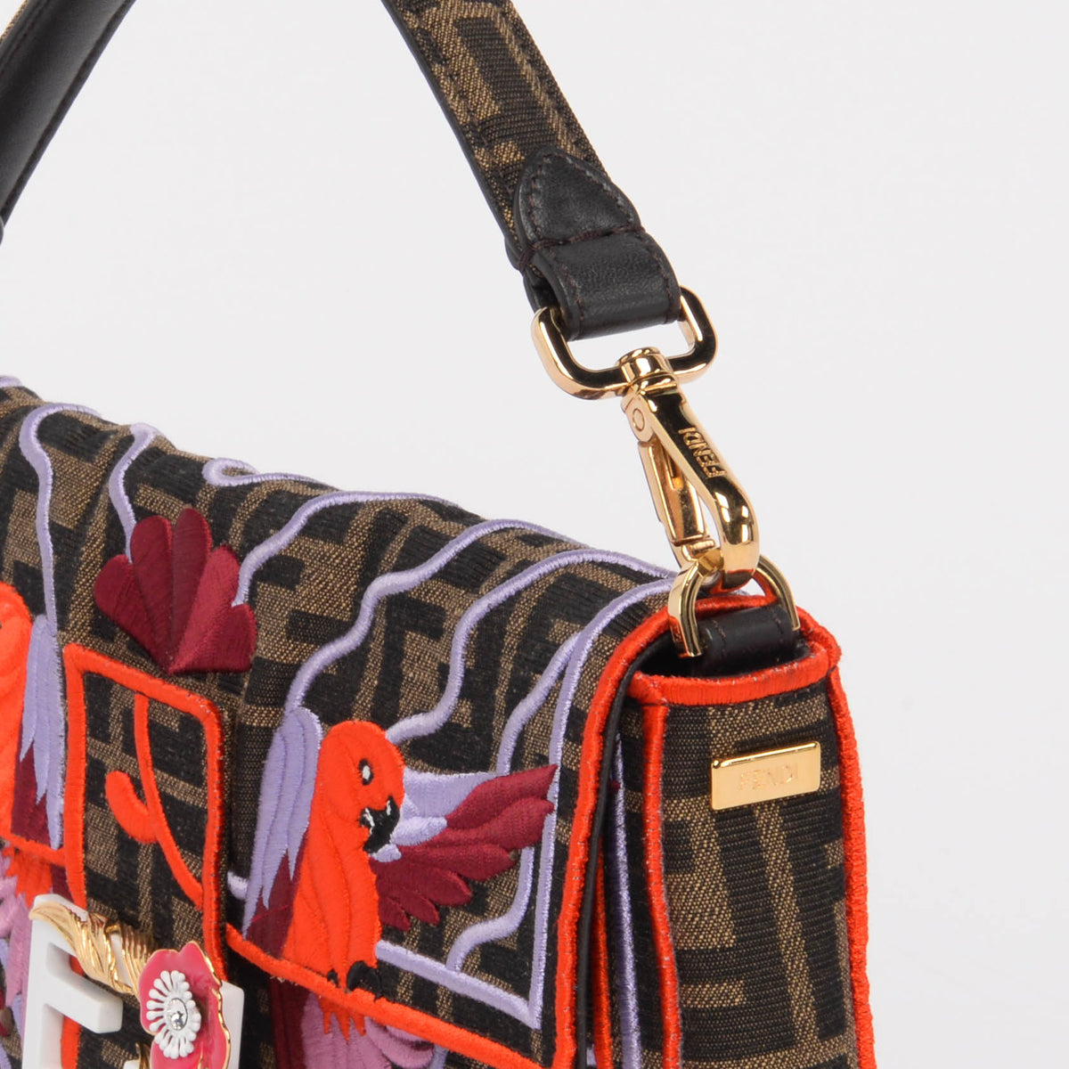 Fendi Multi Colour Zucca Canvas Embroidered Parrots Baguette