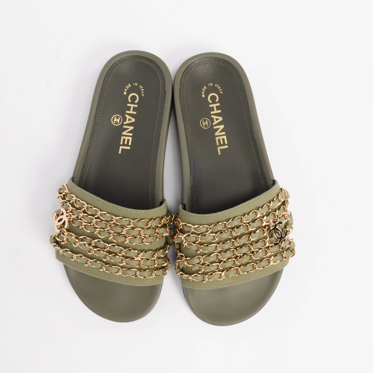 Chanel Khaki Canvas Chain Trim Slides 36