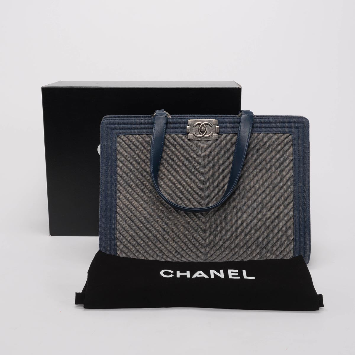 Chanel Light Blue Chevron Denim Boy Tote