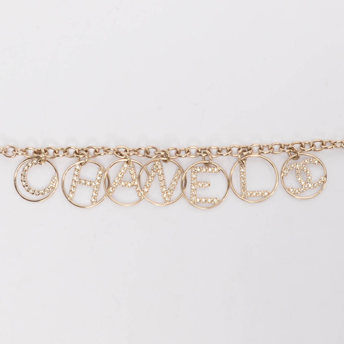 Chanel Light Gold Crystal Logo Spellout Necklace