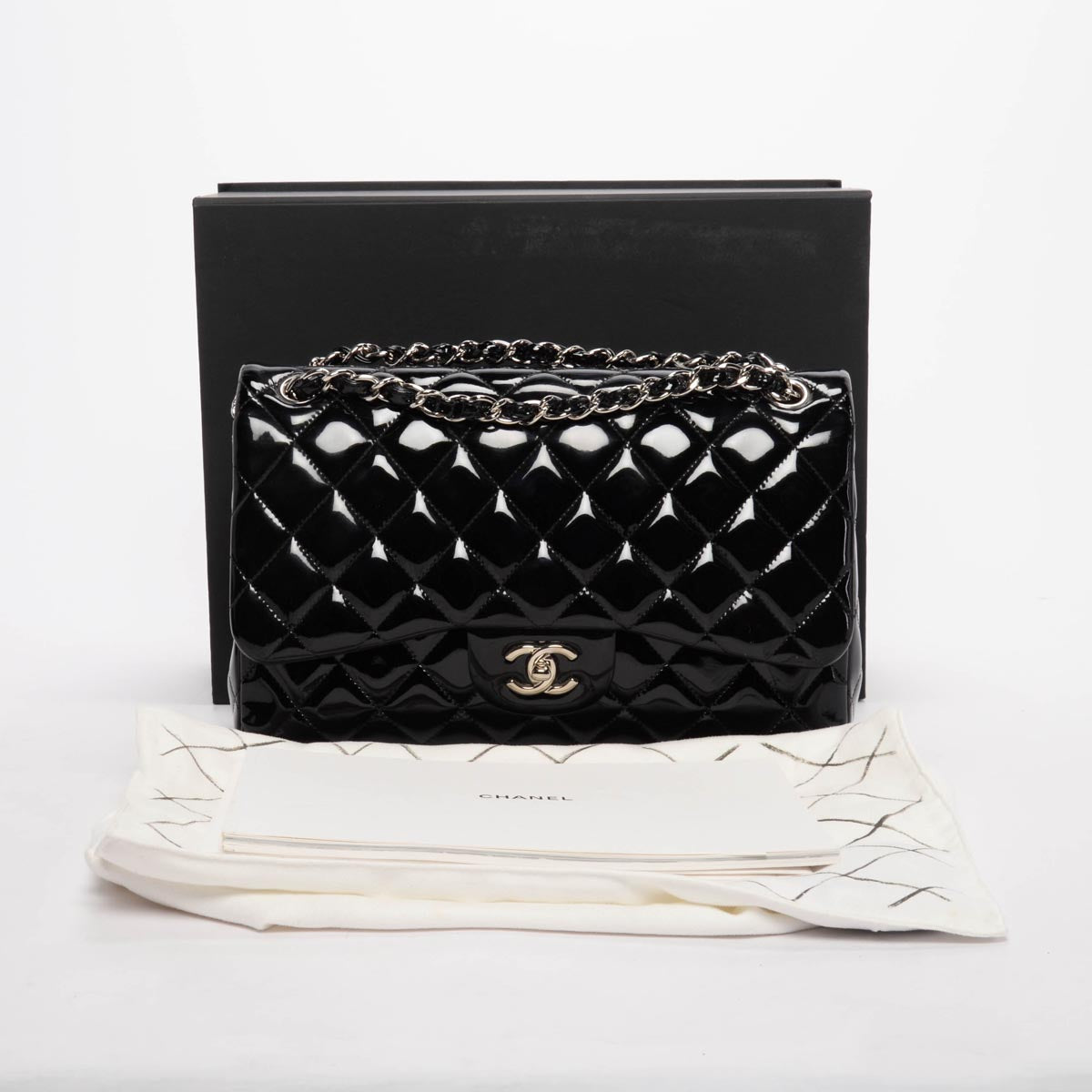 Chanel Black Quilted Patent Large Double Flap Bag