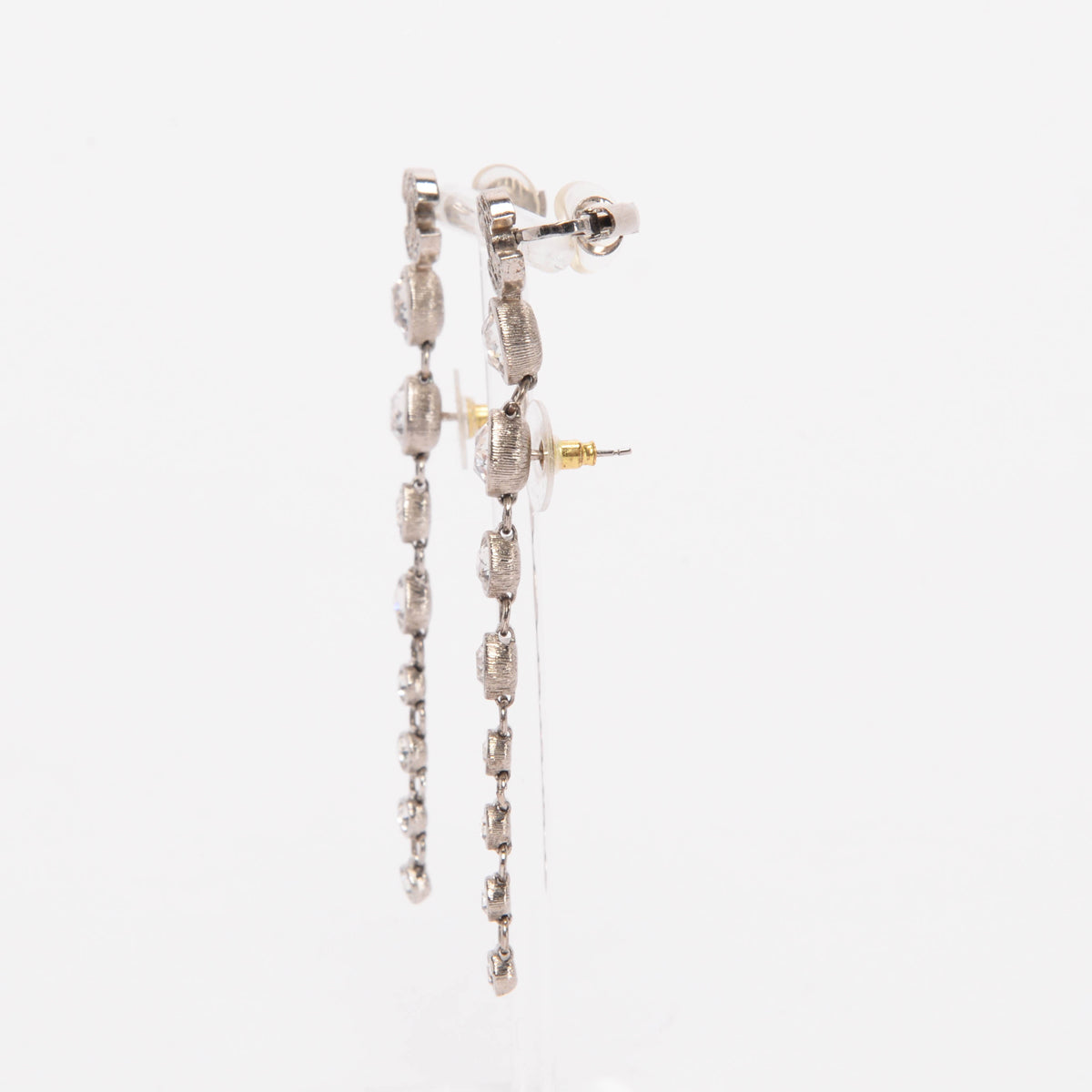 Chanel Silver Crystal CC Long Drop Earrings