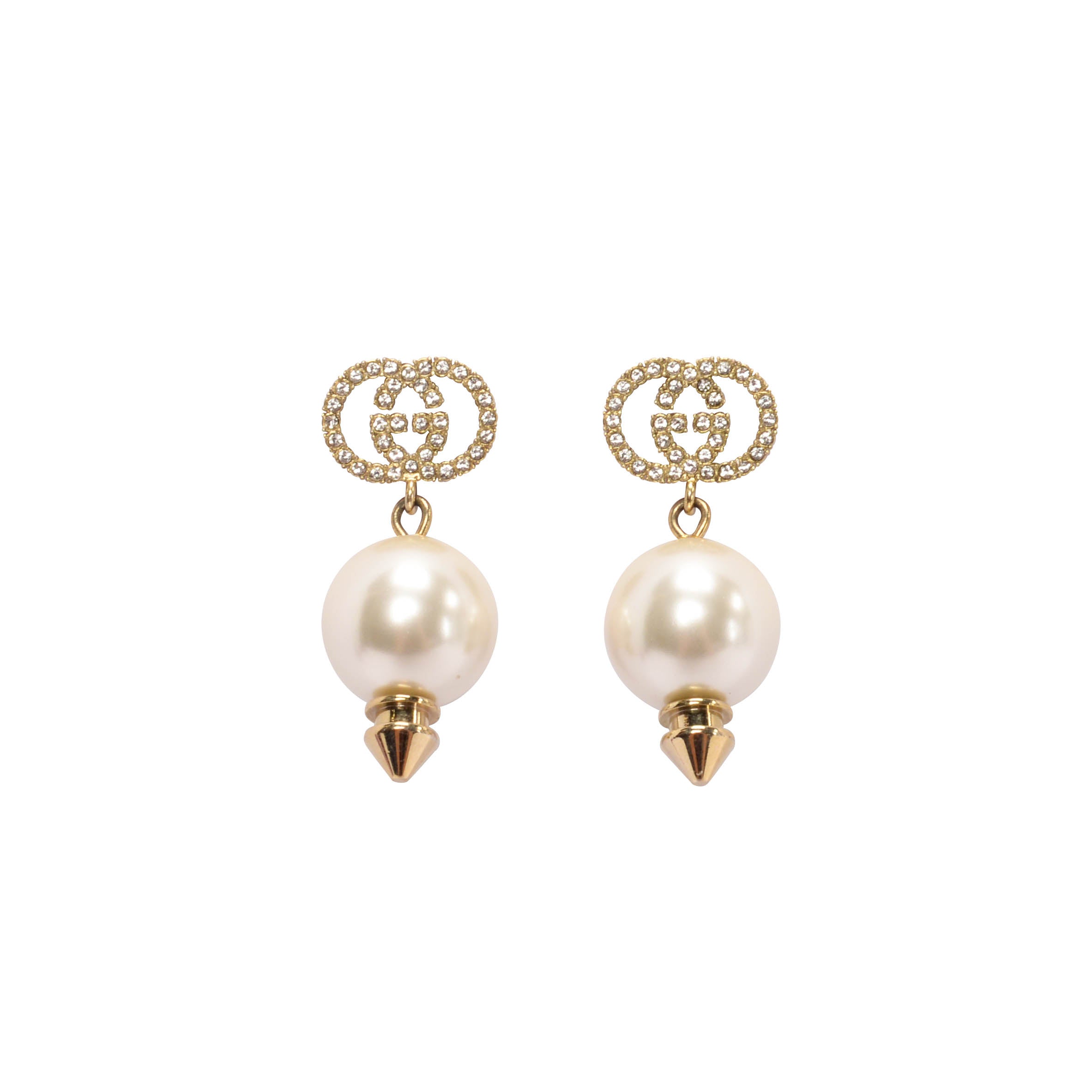 Gucci Gold Crystal & Pearl GG Drop Earrings