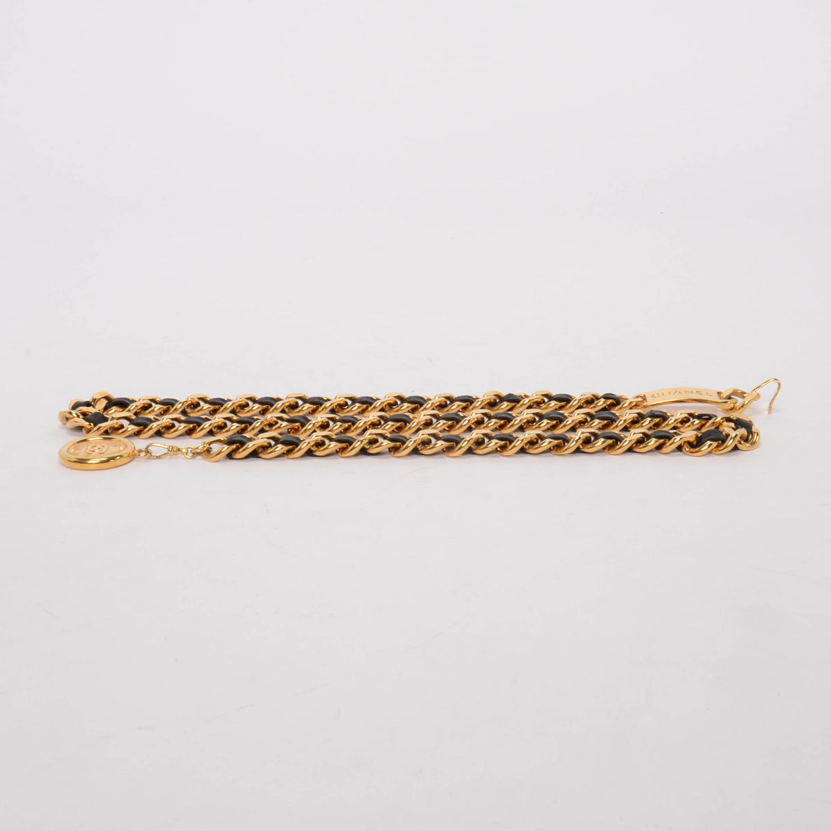 Chanel Vintage Black Leather & 24k Gold Medallion Chain Belt