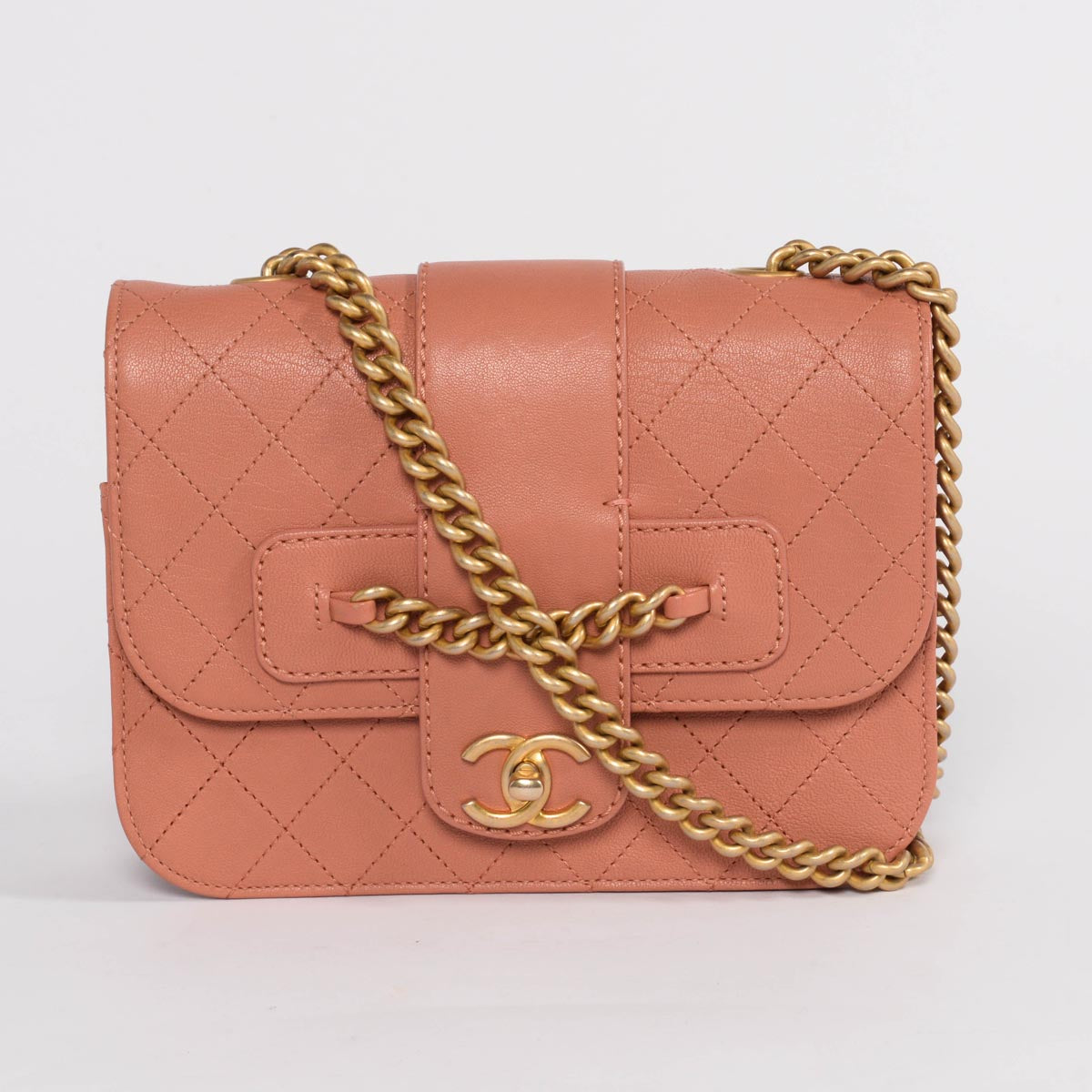 Chanel Pink Quilted Sheepskin Front Chain Flap Bag