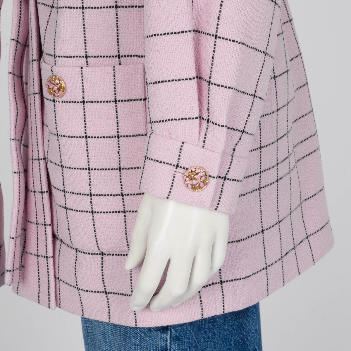 Chanel Pink Wool Check Self Belt Jacket FR 38