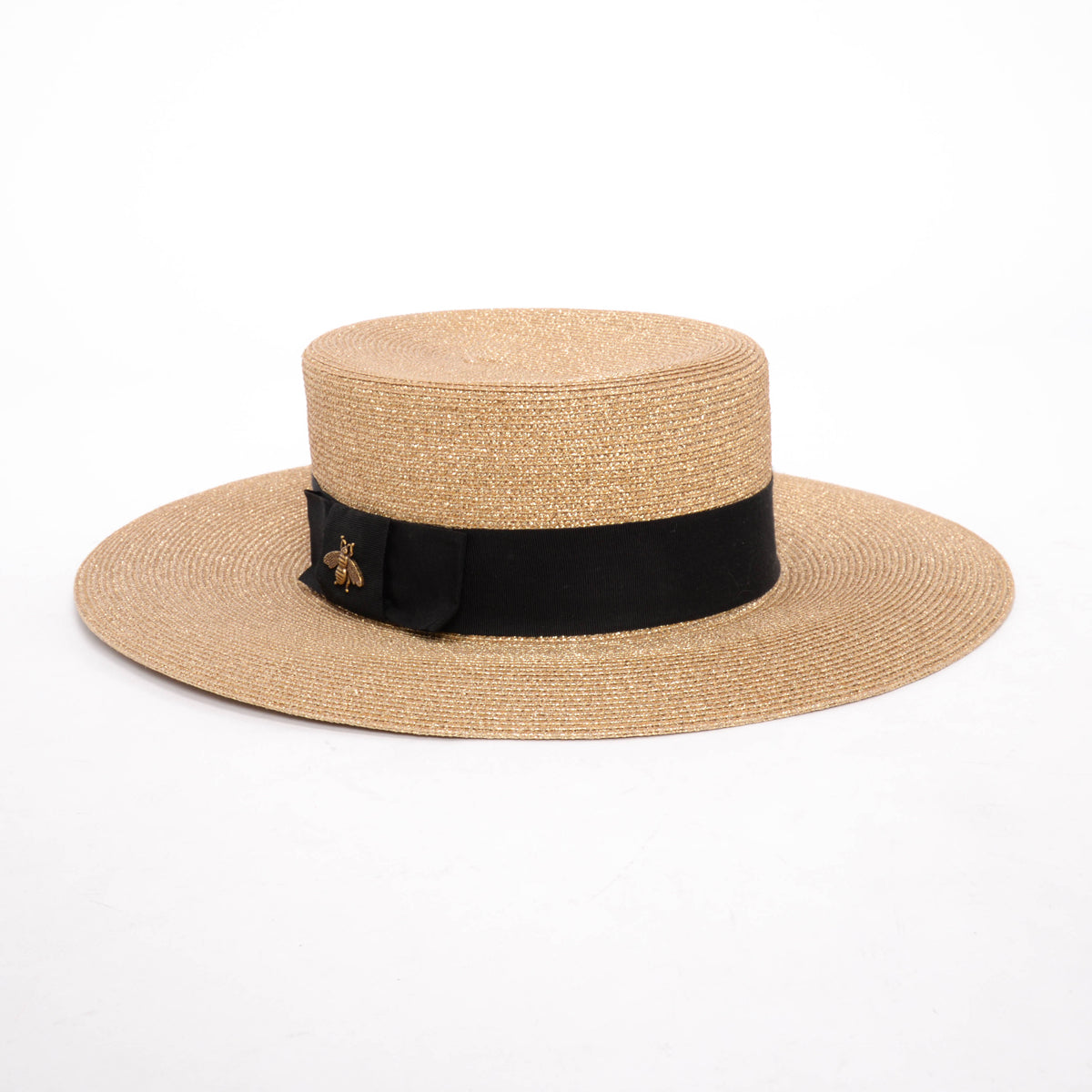 Gucci Gold Straw Bee Embellished Boater Hat