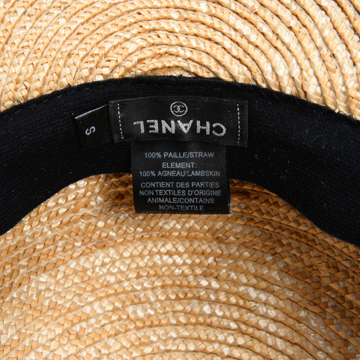 Chanel Black Calfskin & Straw Logo Visor Hat