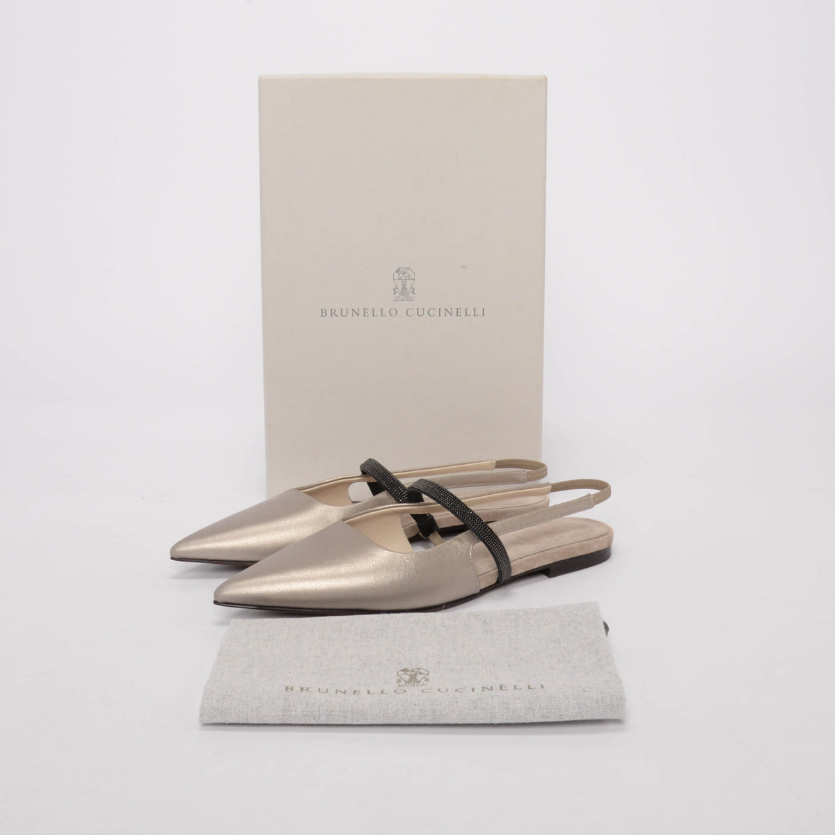Brunello Cucinelli Pewter Leather Beaded Slingback Flats 37