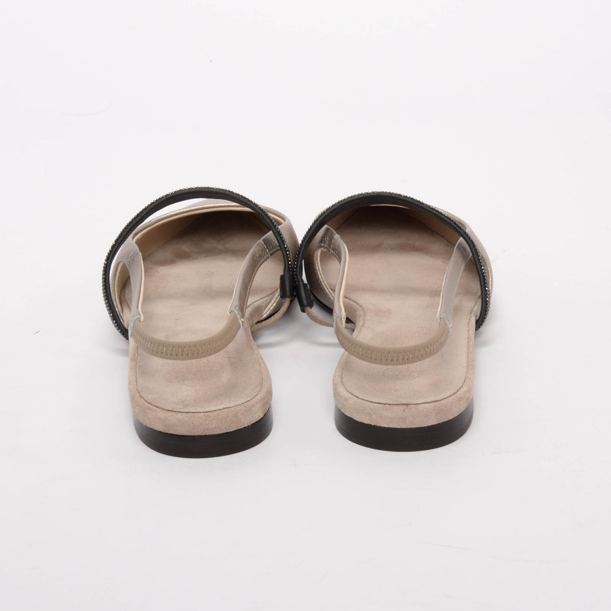 Brunello Cucinelli Pewter Leather Beaded Slingback Flats 37