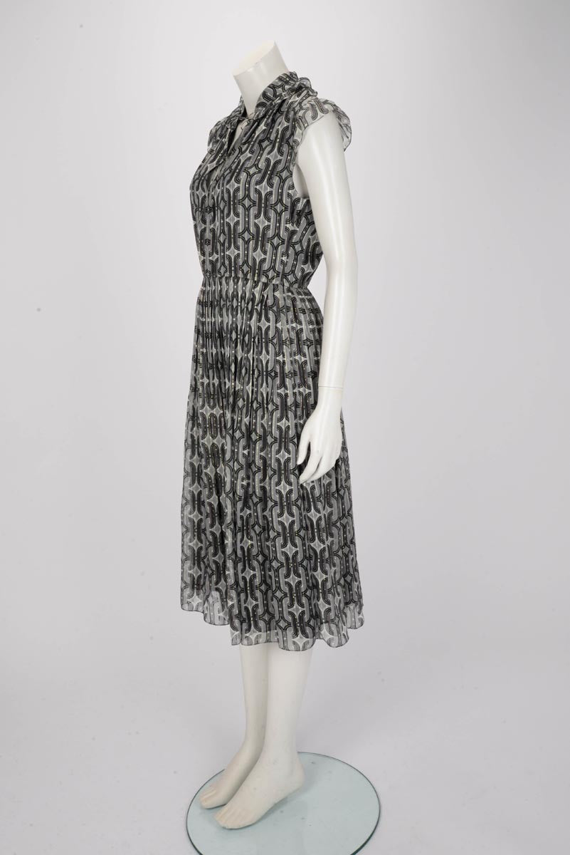 Celine Grey Silk Geometric Pattern Pleated Dress FR 36