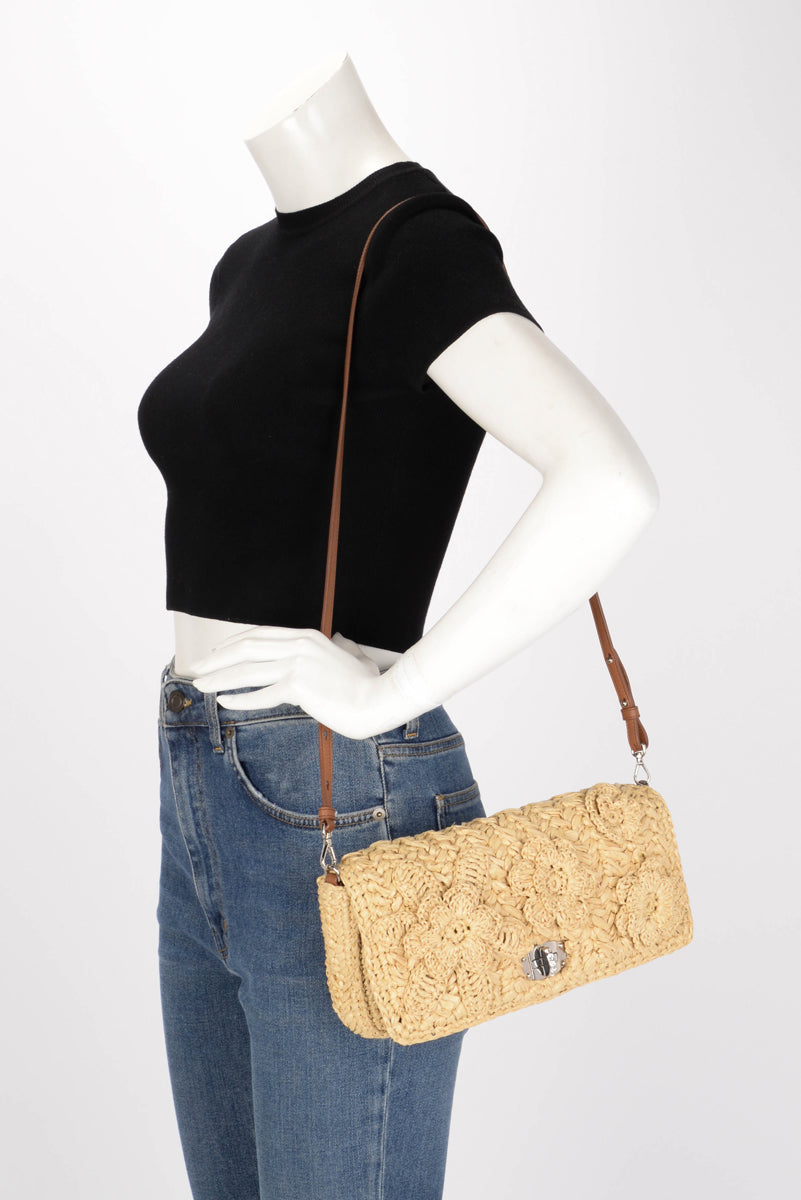 Miu Miu Beige Raffia Crystal Shoulder Bag