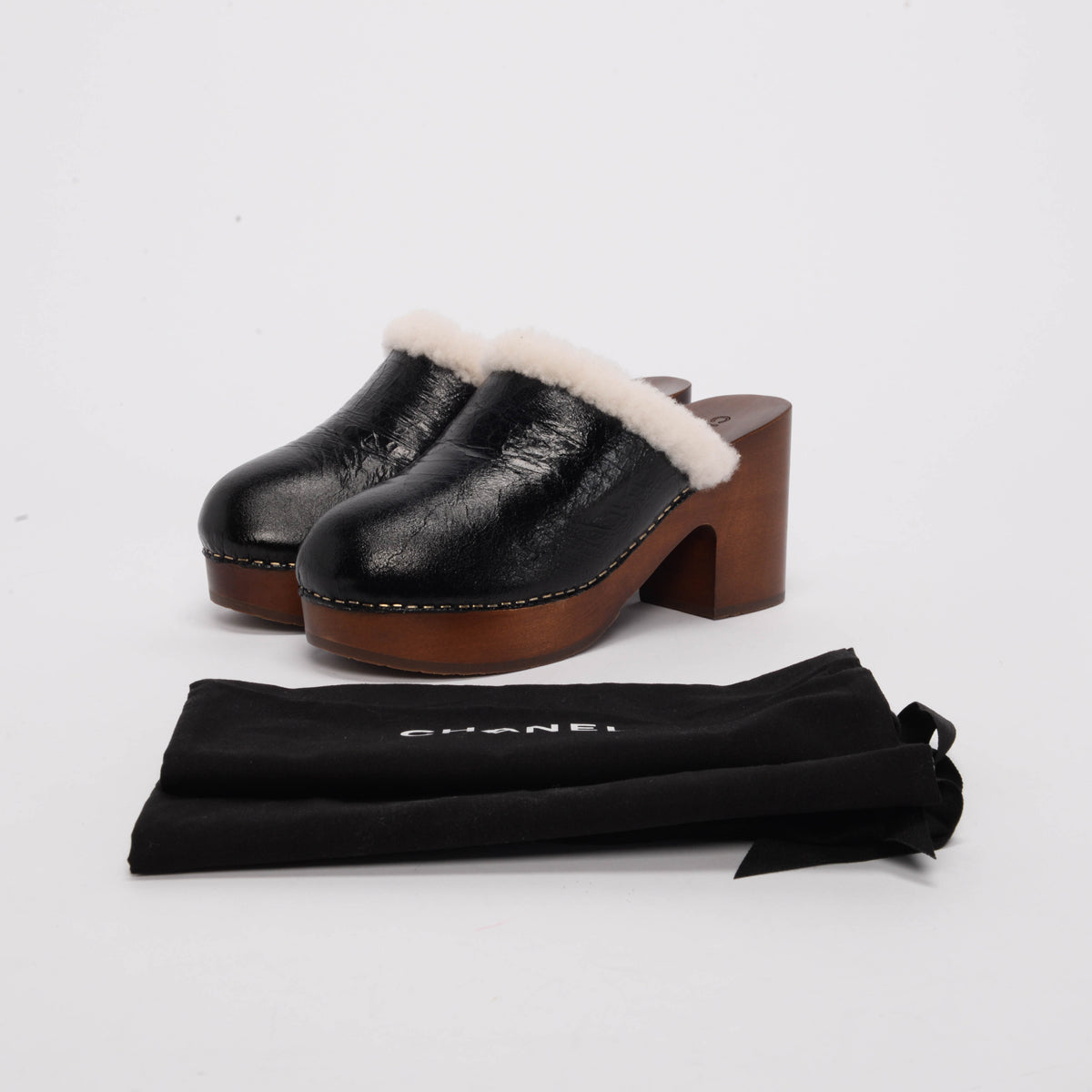 Chanel Black Crackled Sheepskin CC Clogs 38