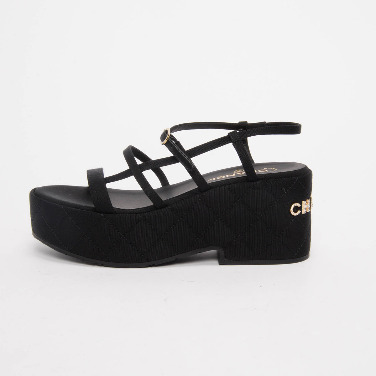 Chanel Black Grosgrain Crystal Logo Platform Sandals 40