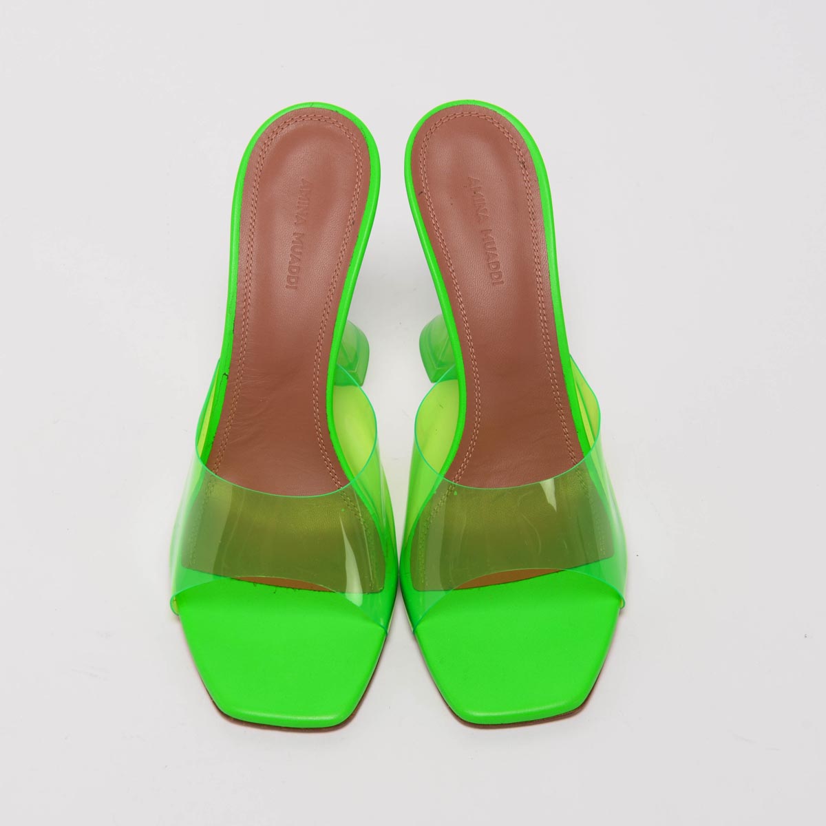 Amina Muaddi Fluro Green PVC Lupita Glass Sandals