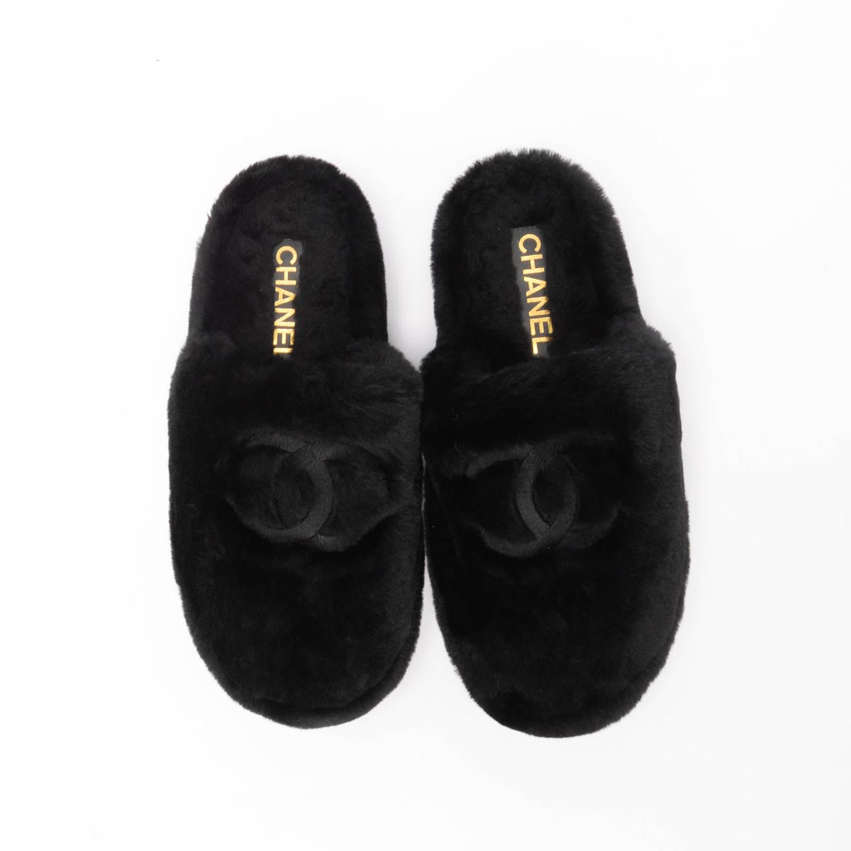 Chanel Black Shearling CC Travel Slippers & Pouch