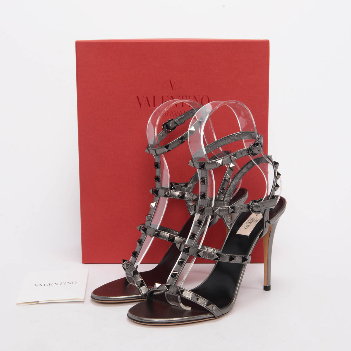 Valentino Gunmetal Metallic Leather Rockstud Cage Sandals 39.5