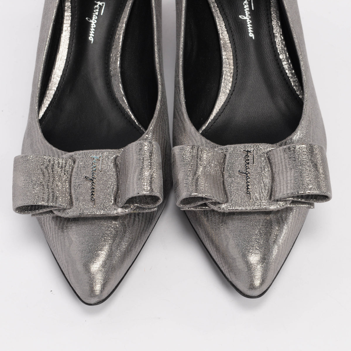 Ferragamo Silver Suede Viva Bow Pumps 10