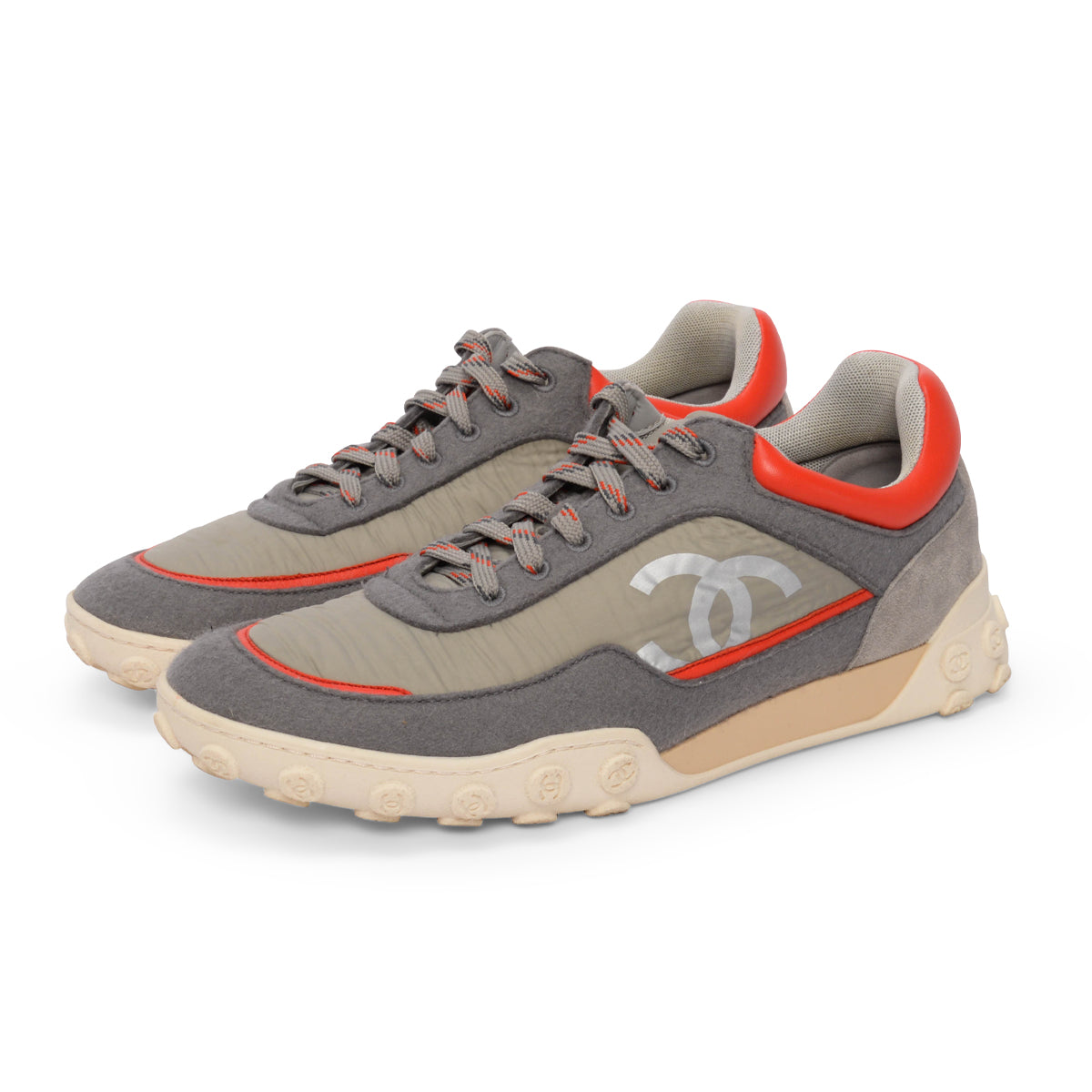 Chanel Grey & Orange Nylon Low Top Sneakers 42