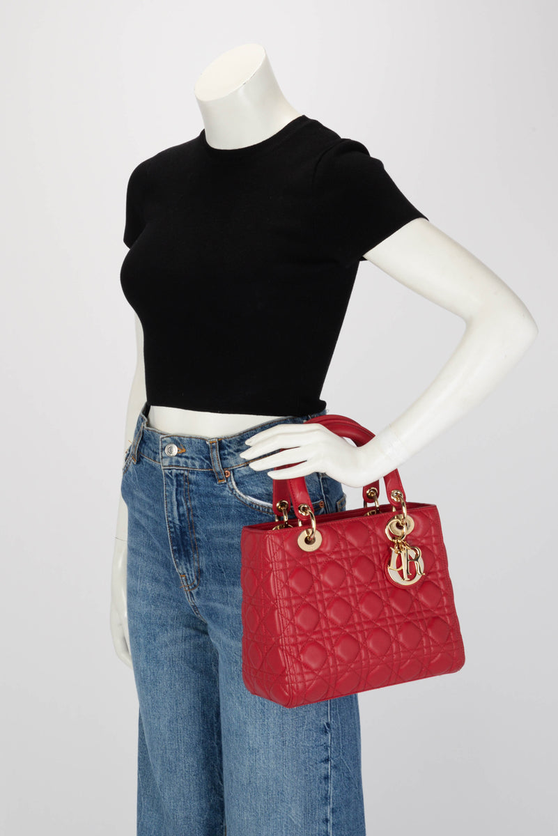 Dior Red Lambskin Cannage Medium Lady Dior Bag