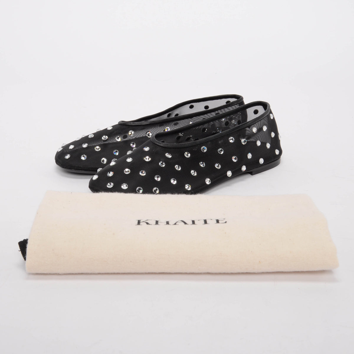 Khaite Black Crystal Embellished Mesh Marcy Ballet Flats 38