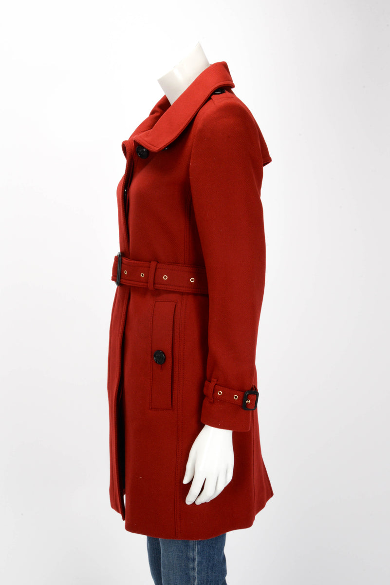 Burberry Red Wool Twill Trench Style Coat UK 4