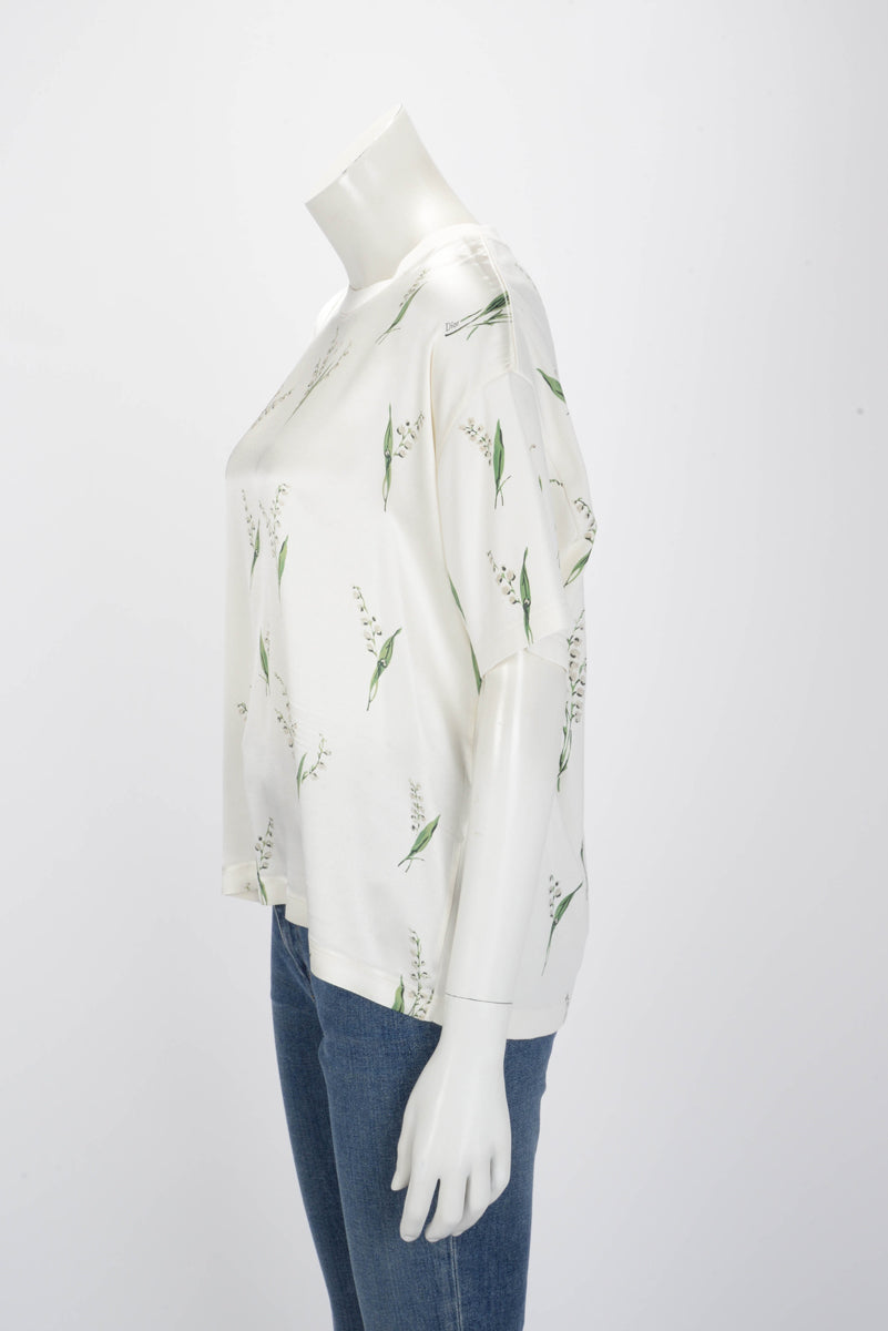 Dior White Silk Lily of the Valley Motif T-Shirt L