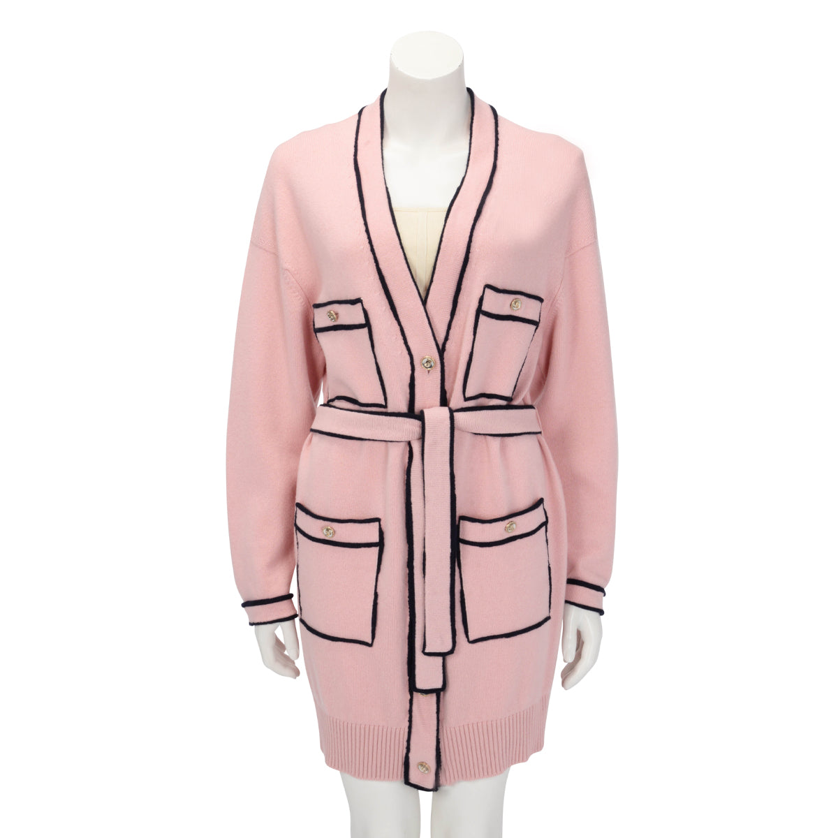 Chanel Pink & Navy Cashmere Knit Belted Long Sleeve Dress FR 40