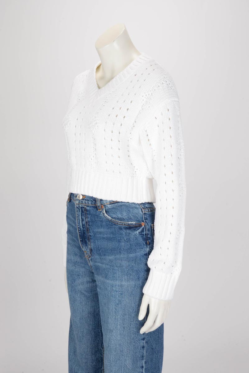 Prada White Pointelle Knit Cropped V-Neck Sweater