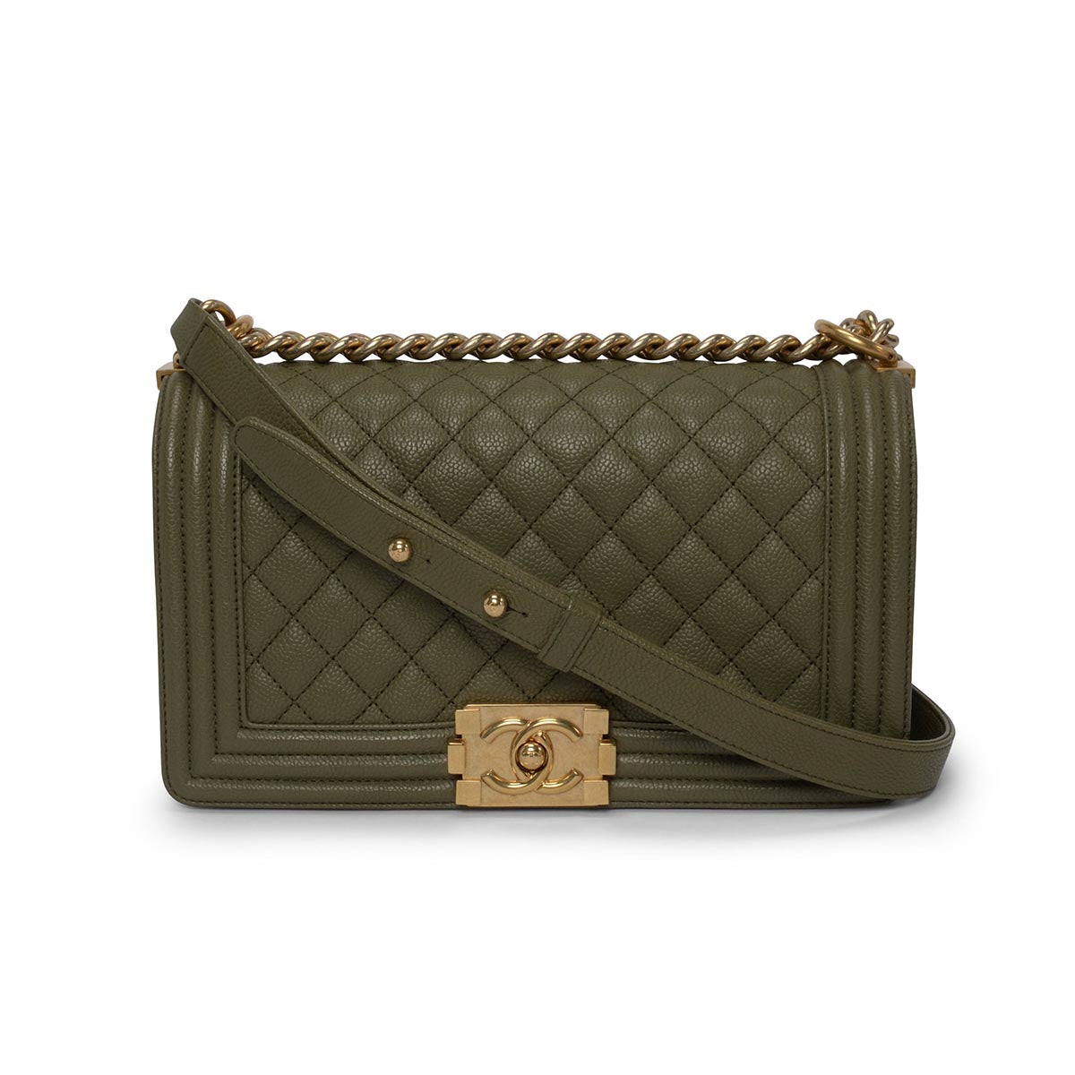 Chanel Khaki Green Quilted Caviar Old Medium Boy Bag