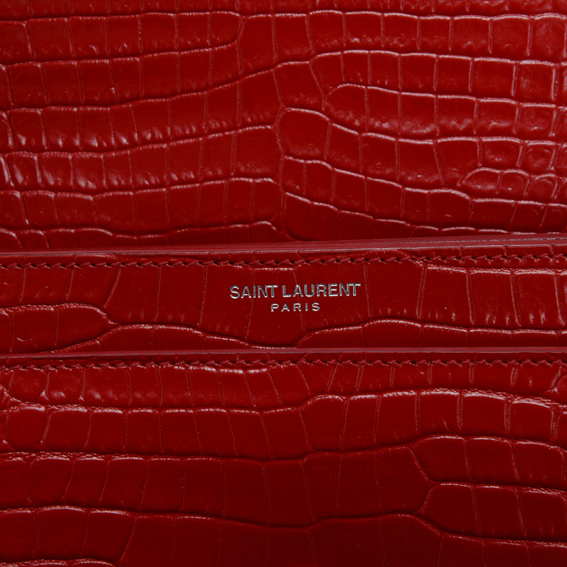 Saint Laurent Red Croc Embossed Medium Sunset Shoulder Bag - Blue Spinach