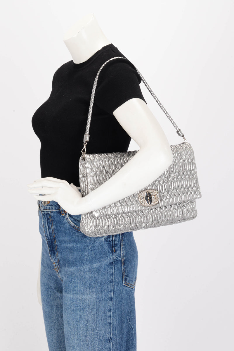 Miu Miu Silver Matelasse Nappa Crystal Shoulder Bag