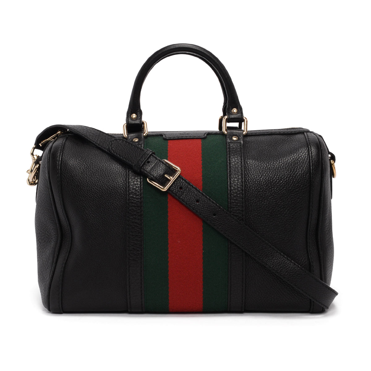 Gucci Black Grained Calfskin Vintage Web Medium Boston Bag