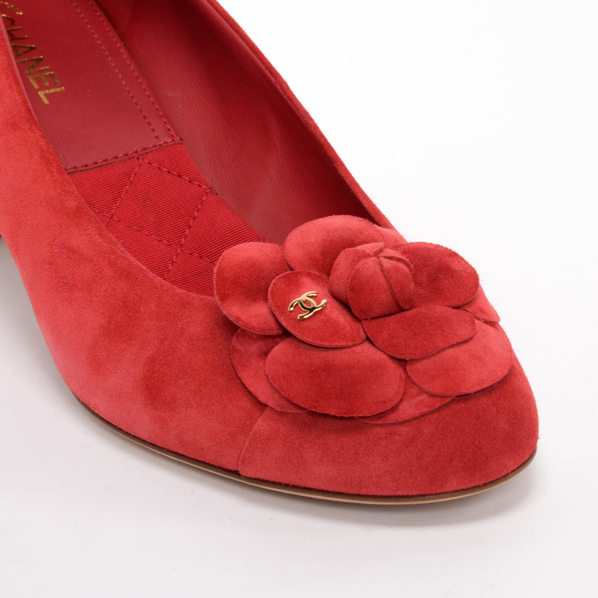 Chanel Red Suede Camellia Pumps 40.5