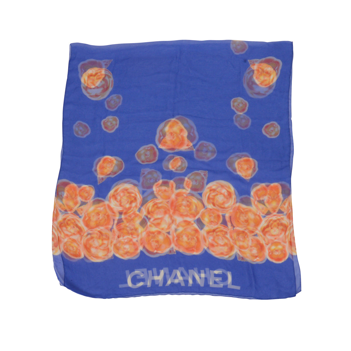 Chanel Blue Silk Chiffon Camellia Print Scarf