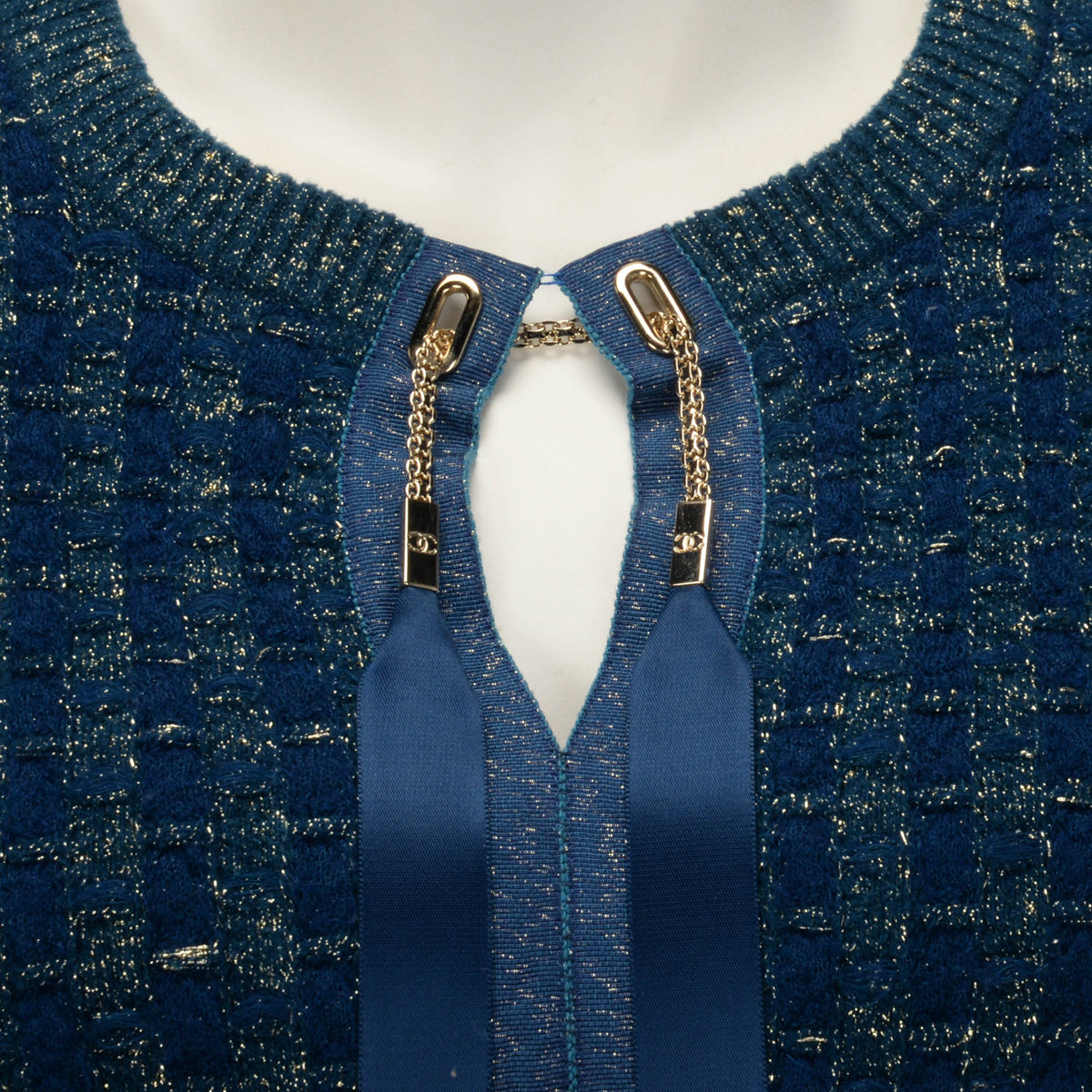 Chanel Blue & Gold Lurex Knit Chain Drawstring Sweater FR 38