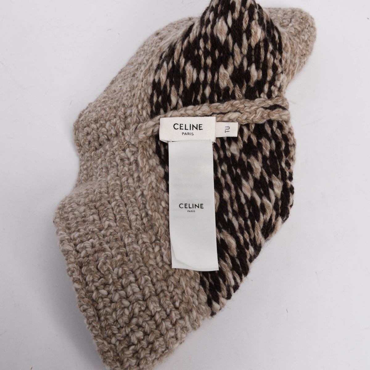 Celine Taupe Wool Triomphe Fair Isle Cloche Hat