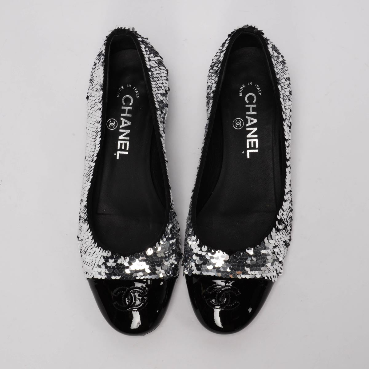 Chanel Black & Silver Sequin Encrusted CC Ballerina Flats 37.5