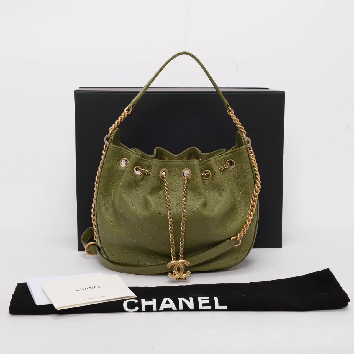 Chanel Army Green Chevron Calfskin CC Drawstring Bag