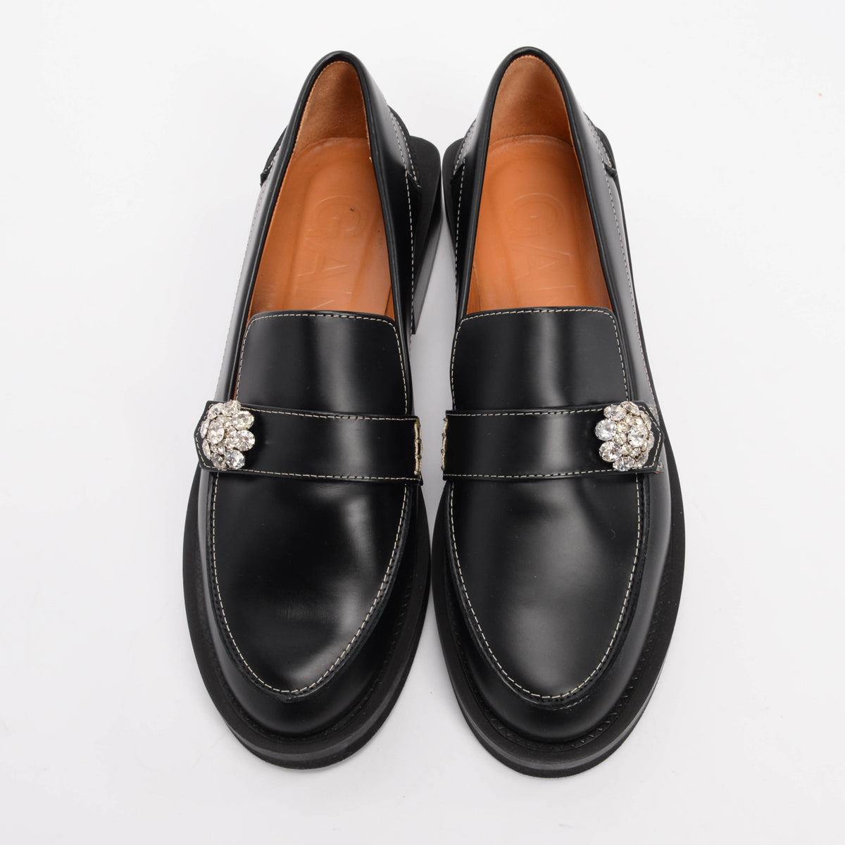 Ganni Black Leather Embellished Loafers 38