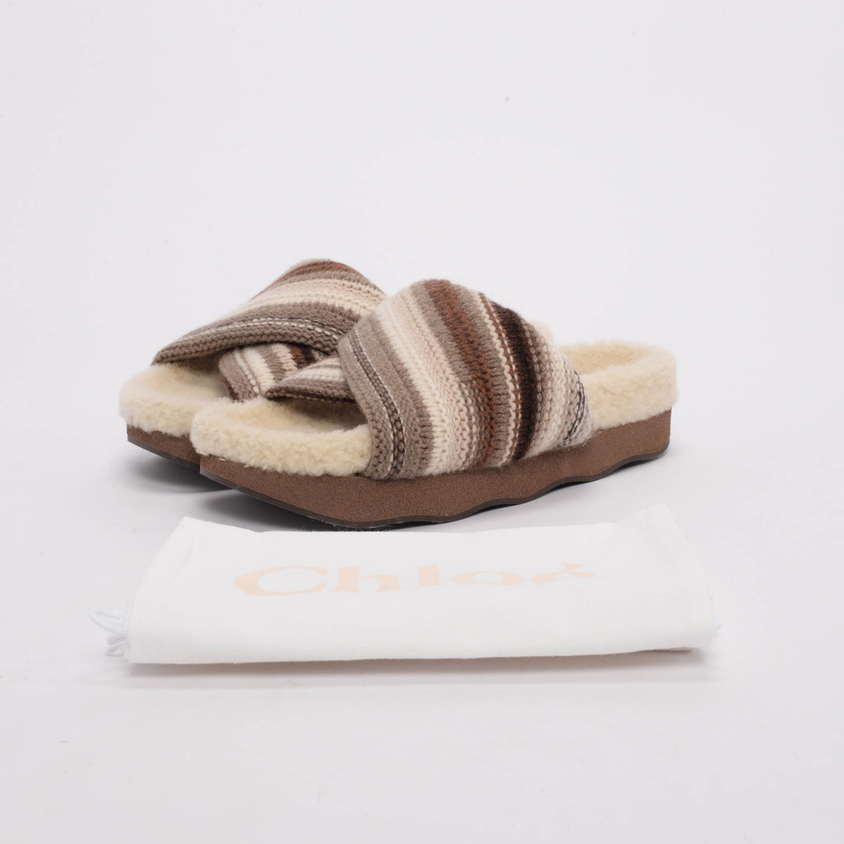 Chloe Brown Shearling Wavy Knit Slides 41